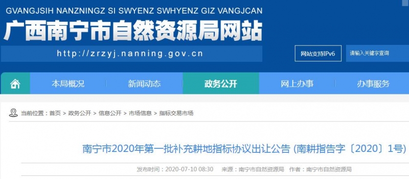南寧市2020年第一批補充耕地指標協議出讓公告